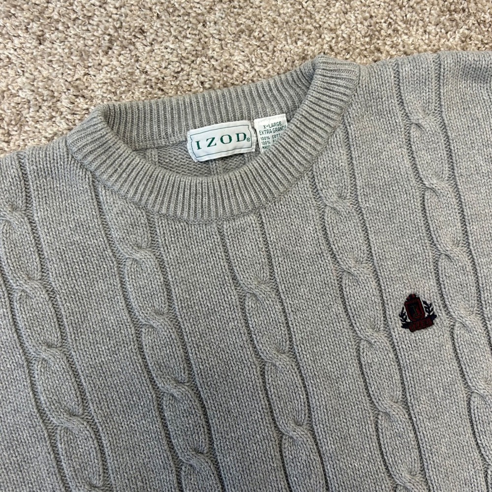 Vintage Izod Cable Knit Crewneck Sweater Men‎ Size XL Gray Cotton Preppy